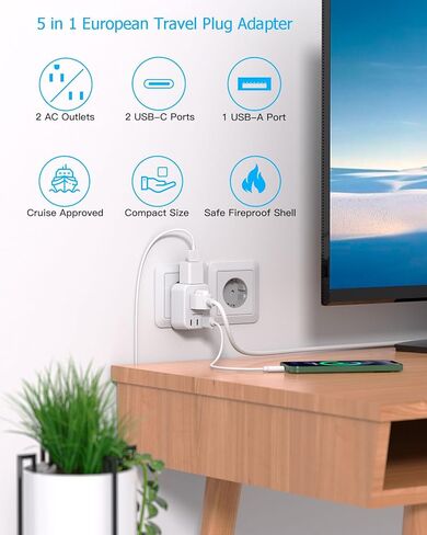 European Travel Plug Adapter for International, HANYCONY Italy Spain Power Adapter 2 Outlets 2 USB C Ports, Type C Adapter Travel Cruise Essentials for US to Most Europe France Germany EU, 2 Pack in Saudi Arabia