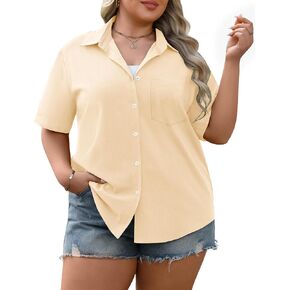 Yusongirl Womens Plus Size Button Down Cotton-Linen Blend Shirt - Loose Fit Short Sleeve Tops with Pocket in Saudi Arabia