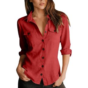 Cotton Linen Tops for Women Button Down V-Neck Collar Long Sleeve Shirt Casual Trendy Vacation Fashion Clothing in Saudi Arabia