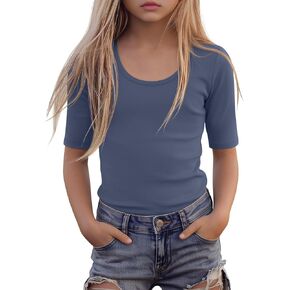 Girls' Half Sleeve T Shirts 1/2 Sleeve Scoop Neck Shirts Slim Fit Elbow Length Summer Casual Tops Size 5-14 Years in Saudi Arabia