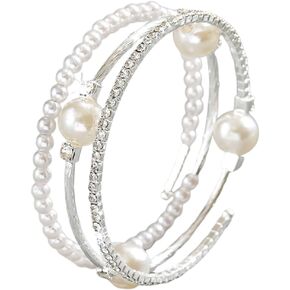 Silver Sparkling Crystal Rhinestone Faux Pearl Open Cuff Bracelet for Women,Dainty Wrap Stackable Statement Bracelet Wedding Bridal Jewelry Accessory in Kuwait