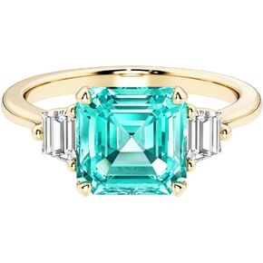 Solid 14k Gold 3 Carat Asscher Lab Grown Paraiba Tourmaline and Trapezoid Diamond 3-Stone Ring, October Birthstone, Engagement, Anniversary, Wedding, Birthday Gift for Women w/ Jewelry Box, Size 4-10 in Saudi Arabia