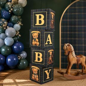 Blue Green Tartan Plaid Baby Shower Boxes with Letters for Baby Shower Decorations Bear Themed Gender Reveal Decoration Photo Prop & Forest Animal Nursery Decor Set (Teal Plaid Bear) ﻿ in Saudi Arabia