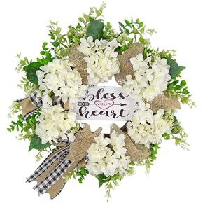 24 Inch Eucalyptus Sunflower Wreath for Front Door, Artificial White Flower Wreath with Bless Your Heart Sign, Rustic Farmhouse Country Door Decor for Spring Summer in Saudi Arabia