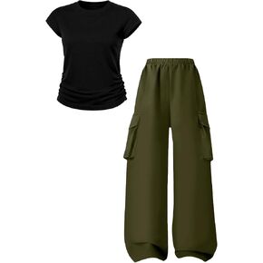 Tween Girls Clothes 2 Piece Outfits Short Sleeve Ruched T-Shirt and Cargo Pants Set Casual Matching Outfit 7-16Y in Saudi Arabia