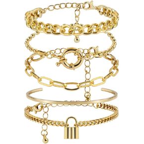 5 Pcs Chunky Padlock Charm Bracelet Set For Women Geometric Round Clasp Curb Chain Stackable Layered Punk Hip Hop Statement Wrist Jewelry in Saudi Arabia
