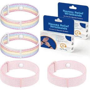Motion Sickness Bracelets Anti Nausea Bands for Adults and Kids, Acupressure Wristbands for Nausea Relief for Cruise, Morning, Car, Sea, Air Sickness-2 Pairs-Rainbow+PearlPink in Kuwait