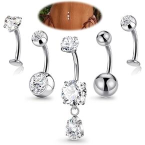 G23 Titanium 5PC Belly Button Ring Dangle Belly Rings 14G Belly Button Piercing Cubic Zircon Cute Navel Bar Piercing 8MM/10MM/12MM/14MM in Saudi Arabia