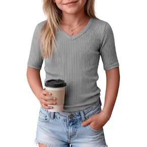 Casual Girls Short Sleeve Top Elbow Length Ribbed Knit V Neck Slim Fit Shirt Summer Basic Comfy Cute Teens Kids Tee in Kuwait