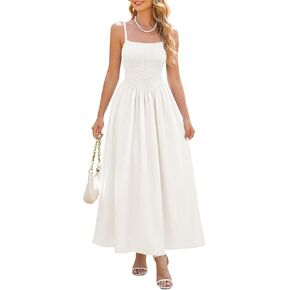 Naggoo Women's Summer Maxi Dresses Smocked Spaghetti Straps Sundress Beach A Line Flowy Long Dress with Pockets in Saudi Arabia