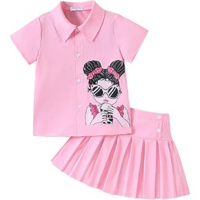 Girls Summer Outifts Cool Girl Print Short Sleeve Shirt and Pleated Skirt 2 Piece Kid Clothing Set 3-12 Years in Saudi Arabia