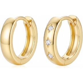 14k Gold Small Hoop Earrings for Women, Hypoallergenic Chunky 14kt Yellow Golds Huggie Hoops Earring with 3 Star-Cut Cubic Zirconia, Minimalism Bold Everyday Jewelry 3.7mm x 13mm in Saudi Arabia