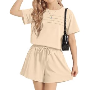 Halfchet Girls' Matching Sets 5-14Y 2 Piece Summer Outfit Kids Short Sleeve Top Tween Shorts with Pockets Casual Cute Clothes in Kuwait