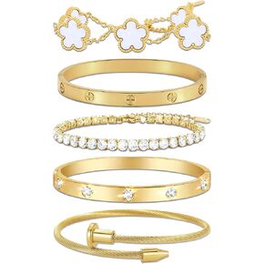 18K Gold Plated Love Bangle Bracelet Stack for Women, Adjustable Clover Bracelet & CZ Tennis Chain Set, Stackable Layered Jewelry, Fade Resistant, Long-Lasting Luster for Daily Wear & Gift in Saudi Arabia