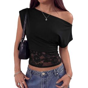 Women's Off the Shoulder Going Out Tops Lace Cinched Waisted Asymmetric Neck Crop Y2K T Shirts Night Out Outfits in Saudi Arabia