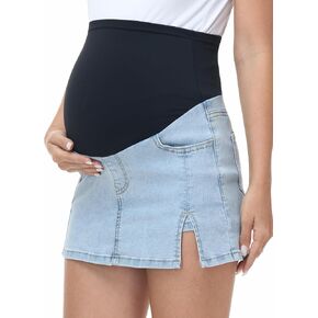 Women's Maternity Jean Skirt Over The Belly Casual Summer Side Slit Pregnancy Denim Skorts Skirt with Pockets in Saudi Arabia