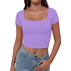 Dwnval Womens Sexy Square Neck Double Lined Short Sleeve Casual Crop Tops | Square Neck, Double Lined, Crop Tops, Casual Short Sleeve Sexy Tee Shirt in Saudi Arabia