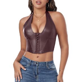 FEOYA Women's Sexy Pu Leather Halter Crop Top Y2K Low Cut Vest Tight Front Closure Vests Fashion Cropped Tops XS-XXL in Kuwait