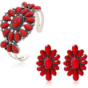 Bohemian Turquoise Statement Jewelry Set for Women Vintage Natural Turquoise Geometric Flower Stud Earrings Western Cowgirl Silver Engraved Cuff Bracelet Boho Ethnic Gift in Kuwait