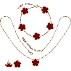 Lucky Clover Jewelry Set - 18K Rose Gold Plated Five Leaf Necklace Bracelet Earrings Gift Collection for Women in Saudi Arabia