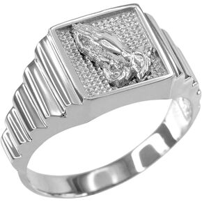 Men's Polished 925 Sterling Silver Layered Band Square Face Praying Hands Ring in Saudi Arabia