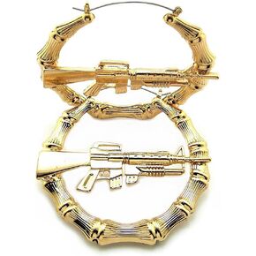 Women Lady Hip Hop Celebrity Style Gold Plated Ghetto Style Machine Gun Bamboo Hoop Hollow Pincatch Fashion Earrings Earring in Saudi Arabia