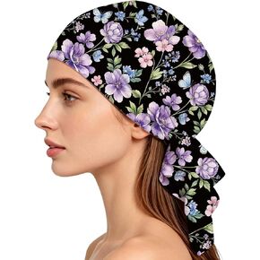 Purple Flowers Pattern Chemo Headwear for Women Pre-Tied Turban Beanie Soft Stretch Headwrap Bandana for Hair Loss Cancer Patients Daily Wear Sleep Head Cover Accessories in Saudi Arabia