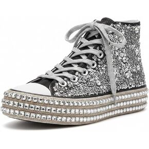 Womens Two-Tone Color Block Black & White Lace-up High-Top Canvas Sneakers with Art Detail, Sequin & Rhinestone Laces Casual Platform Boots for Party & Daily Wear in Saudi Arabia
