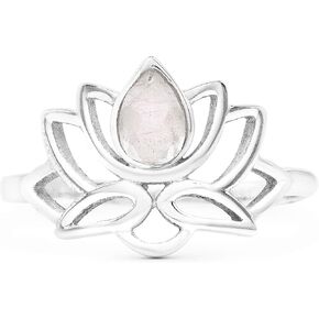 Cut Pear Moonstone Lotus 925 Sterling Silver Ring - Delicate BOHO Chic Jewelry - Fashionable and Stylish for Women with Velvet Gift Bag - Made by Indian Artisans - Size 5-10 in Saudi Arabia