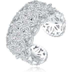 925 Sterling Silver Rings for Women, Adjustable Open Statement Wide Band Ring, Full Cubic Zirconia Trendy Hollow Lace, Dainty Valentine‘s Day Jewelry Gifts for her in Saudi Arabia