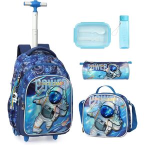Cartoon Rolling Backpack for Boys Girls, Kids 5 Pcs Wheeled Backpack, Travel Backpack for Elementary Students (Shark Blue) in Saudi Arabia