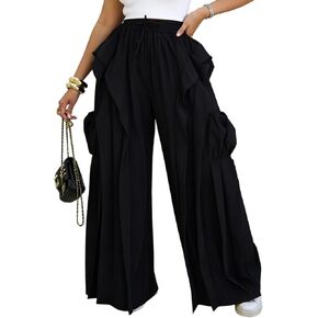 HuiSiFang Women's Baggy Cargo Pants Ruffle Patchwork High Waisted Wide Leg Parachute Casual Trousers with Drawstring in Saudi Arabia