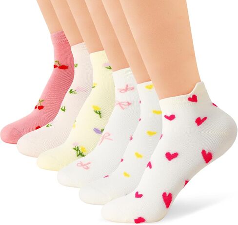 Women Cute Ankle Socks - 6 Pairs Casual Heart Bow Flowers Pattern Low Cut Socks for Women Girls Teens in Kuwait