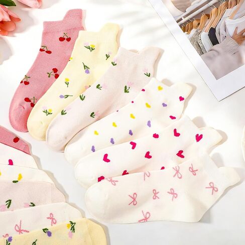 Women Cute Ankle Socks - 6 Pairs Casual Heart Bow Flowers Pattern Low Cut Socks for Women Girls Teens in Kuwait