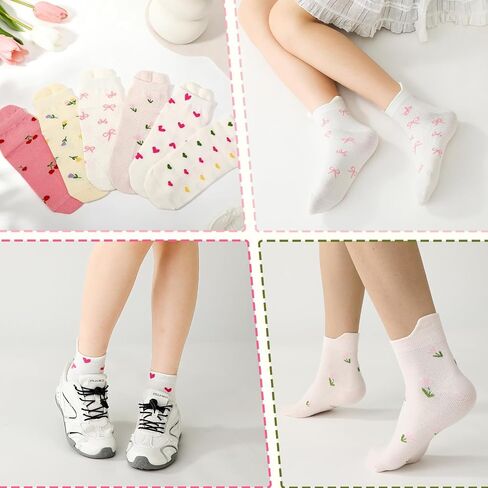 Women Cute Ankle Socks - 6 Pairs Casual Heart Bow Flowers Pattern Low Cut Socks for Women Girls Teens in Kuwait