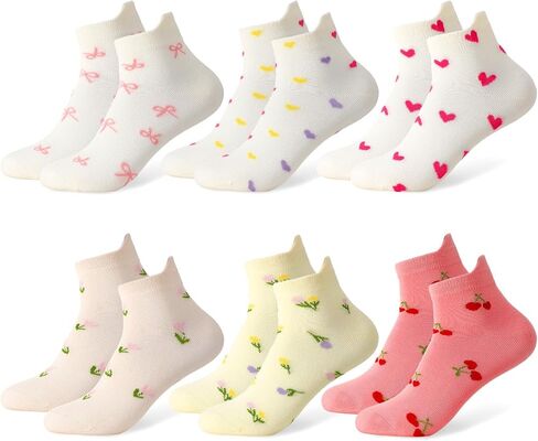 Women Cute Ankle Socks - 6 Pairs Casual Heart Bow Flowers Pattern Low Cut Socks for Women Girls Teens in Kuwait