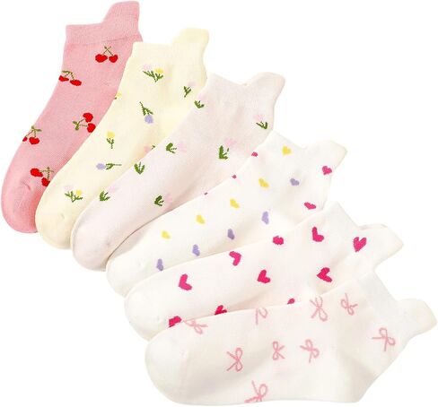 Women Cute Ankle Socks - 6 Pairs Casual Heart Bow Flowers Pattern Low Cut Socks for Women Girls Teens in Kuwait