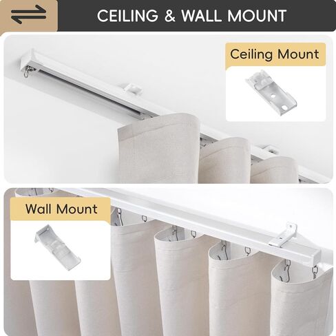 TEAKMAMA Ceiling Curtain Track, Curtain Track Heavy-Duty, Silent Ceiling Mounted Rail Set for Room Divider with Roller Hooks and Clips for Living Room Bedroom, 6ft-9ft, White in Kuwait