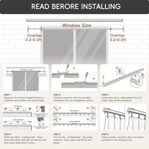 TEAKMAMA Ceiling Curtain Track, Curtain Track Heavy-Duty, Silent Ceiling Mounted Rail Set for Room Divider with Roller Hooks and Clips for Living Room Bedroom, 6ft-9ft, White in Kuwait