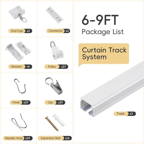 TEAKMAMA Ceiling Curtain Track, Curtain Track Heavy-Duty, Silent Ceiling Mounted Rail Set for Room Divider with Roller Hooks and Clips for Living Room Bedroom, 6ft-9ft, White in Kuwait