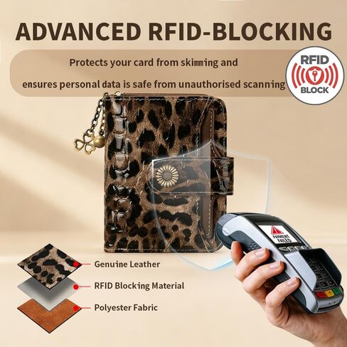 محفظة نسائية من الجلد RFID مع جيب للعملات المعدنية بسحاب، محفظة صغيرة مدمجة مع قسم للنقود، 8 حامل لبطاقات الائتمان، 2 نافذة لبطاقة الهوية (الفهد) in Kuwait