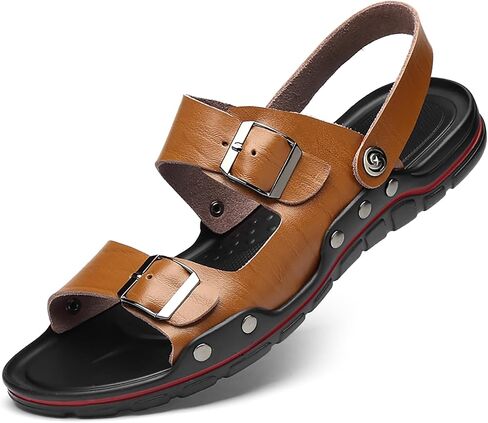 Men's Leather Buckle Flat Sandals with Adjustable Dual-Purpose Strap Fashion Studded Breathable Open Toe Soft Sole Slip-On Slides Summer Daily Anti-Slip Beach Sandals in Kuwait