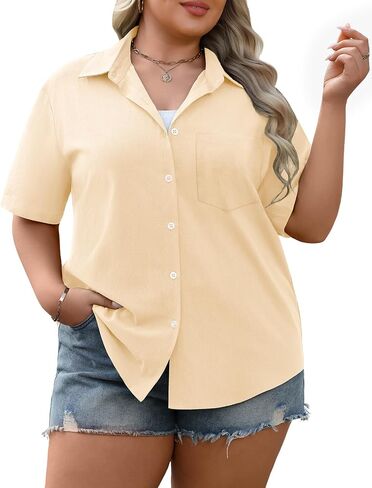 Yusongirl Womens Plus Size Button Down Cotton-Linen Blend Shirt - Loose Fit Short Sleeve Tops with Pocket in Saudi Arabia