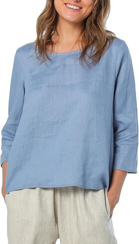 Amazhiyu Women's 100% Linen 3/4 Sleeve Blouse Crew Neck Loose Fit Summer Casual Tops in Saudi Arabia