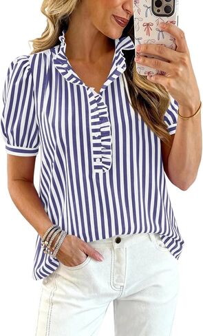 Puff Sleeve Tops for Women Gingham Top Summer Short Sleeve Striped Plaid Ruffle V Neck Button Down Shirts Blouses in Saudi Arabia