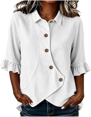 Womens Linen Blend Button Down Blouses Ruffle Sleeve Asymmetrical Hem Collared Tops Office Work Casual Summer Shirts in Saudi Arabia