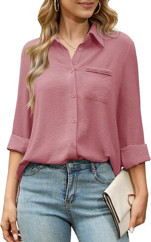 Odosalii Womens Button Down Shirts Collared V Neck Long Sleeve Dress Shirt Business Casual Blouses Work Tops with Pocket in Saudi Arabia