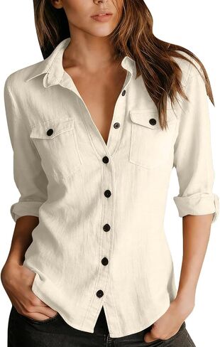 Cotton Linen Tops for Women Button Down V-Neck Collar Long Sleeve Shirt Casual Trendy Vacation Fashion Clothing in Saudi Arabia