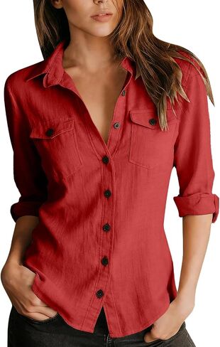 Cotton Linen Tops for Women Button Down V-Neck Collar Long Sleeve Shirt Casual Trendy Vacation Fashion Clothing in Saudi Arabia