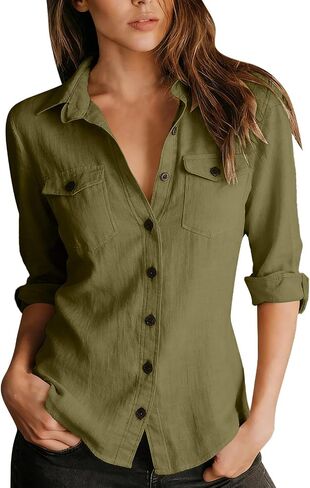 Cotton Linen Tops for Women Button Down V-Neck Collar Long Sleeve Shirt Casual Trendy Vacation Fashion Clothing in Saudi Arabia